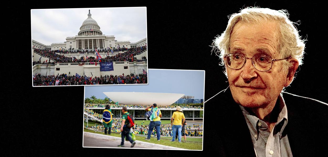 Ataque ao Capitólio, nos EUA (quadrado, em cima), invasões à Praça dos Três Poderes, em Brasília, e o filósofo Noam Chomsky