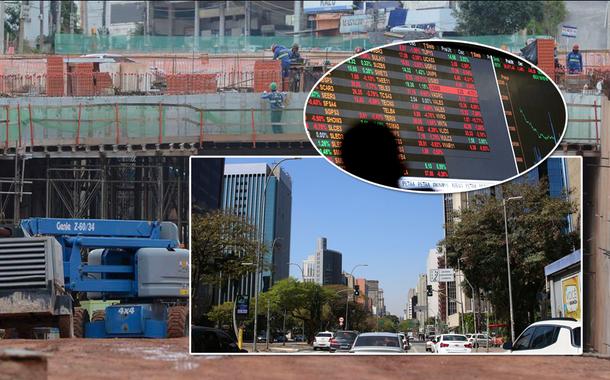 Obra de infraestrutura, Bolsa de Valores (círculo da montagem) e a Faria Lima, em referência à Avenida Brigadeiro Faria Lima (SP), um dos principais centros comerciais e financeiros do Brasil