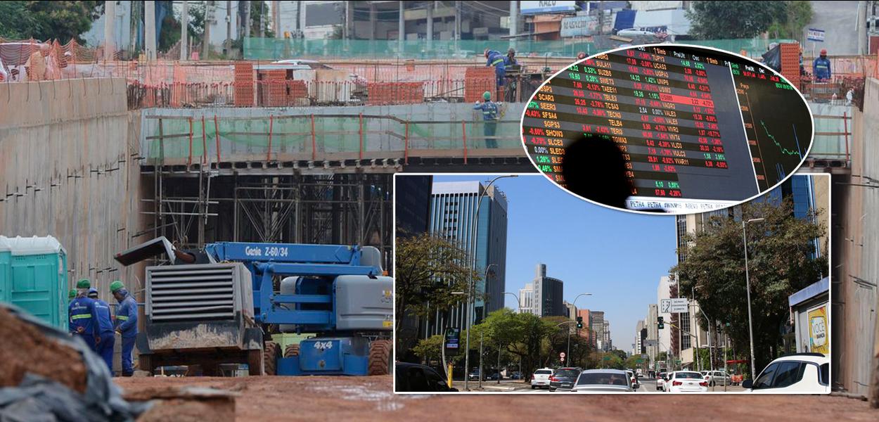 Obra de infraestrutura, Bolsa de Valores (círculo da montagem) e a Faria Lima, em referência à Avenida Brigadeiro Faria Lima (SP), um dos principais centros comerciais e financeiros do Brasil