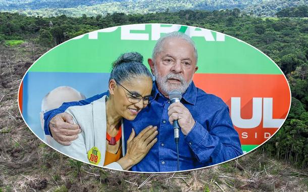 Marina Silva e Luiz Inácio Lula da Silva e, atrás deles, o desmatamento