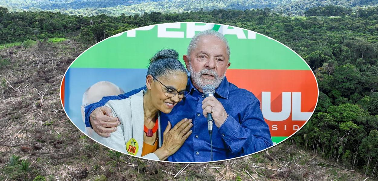 Marina Silva e Luiz Inácio Lula da Silva e, atrás deles, o desmatamento