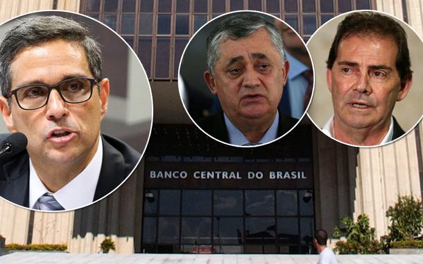 Da esq. para a dir.: Roberto Campos Neto,  deputado José Guimarães (PT-CE) e o presidente do Solidariedade, Paulinho da Força (SP). Atrás deles está o Banco Central (BC)