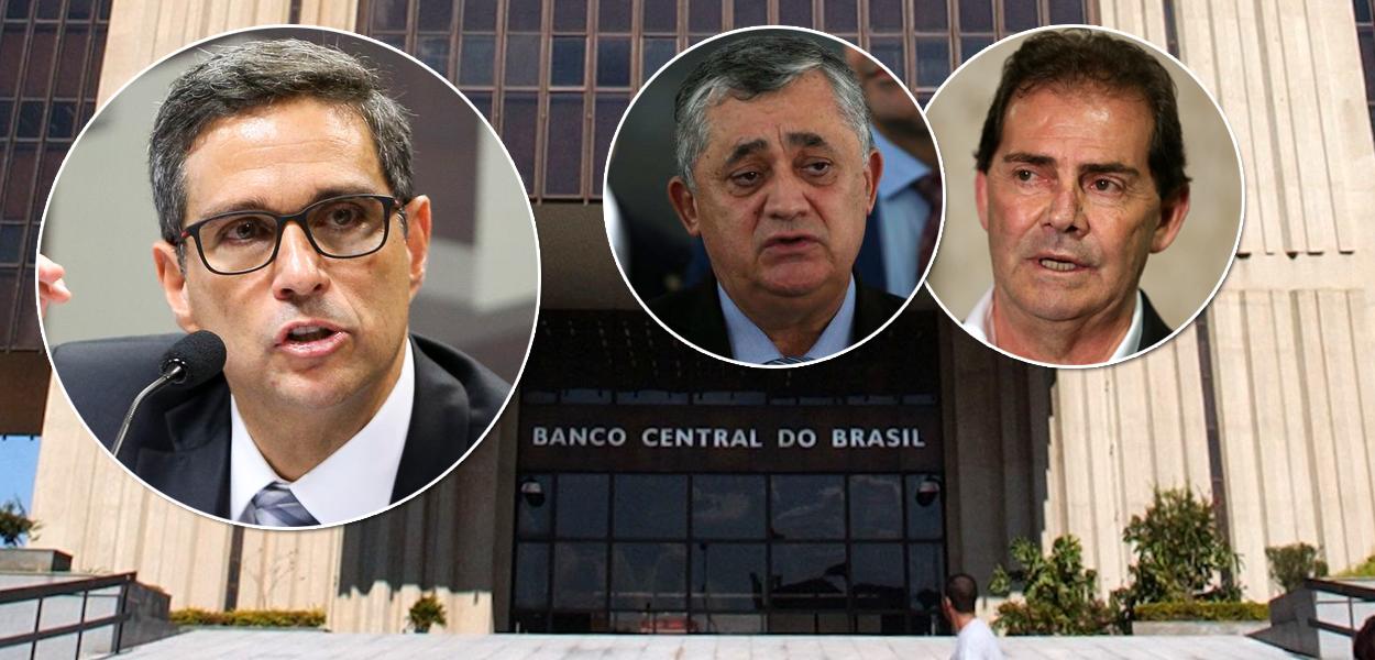 Da esq. para a dir.: Roberto Campos Neto,  deputado José Guimarães (PT-CE) e o presidente do Solidariedade, Paulinho da Força (SP). Atrás deles está o Banco Central (BC)