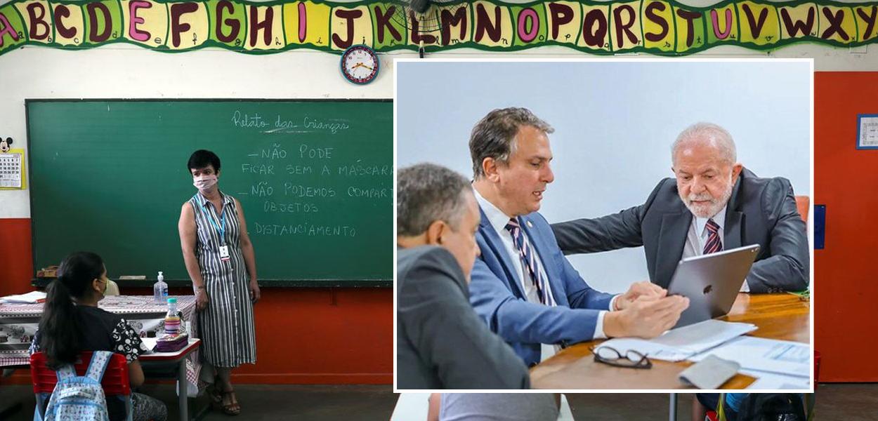 Sala de aula e Rui Costa, Camilo Santana e Luiz Inácio Lula da Silva