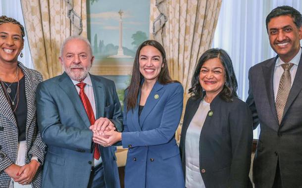 Anielle Franco, Lula, AOC, Pramila Jayapal e Ro Khanna na Blair House, em Washington, EUA. 10.02.23