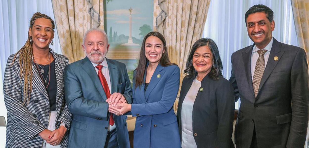 Anielle Franco, Lula, AOC, Pramila Jayapal e Ro Khanna na Blair House, em Washington, EUA. 10.02.23