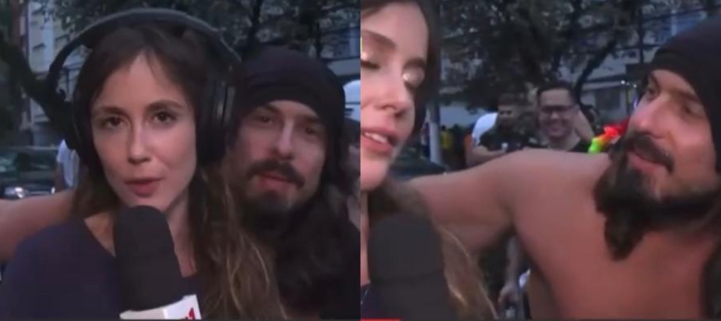 A jornalista Júlia Zaremba ficou visivelmente constrangida após ser surpreendida por trás pelo homem (Foto: Reprodução/GloboNews) A jornalista Júlia Zaremba ficou visivelmente constrangida após ser surpreendida por trás pelo homem