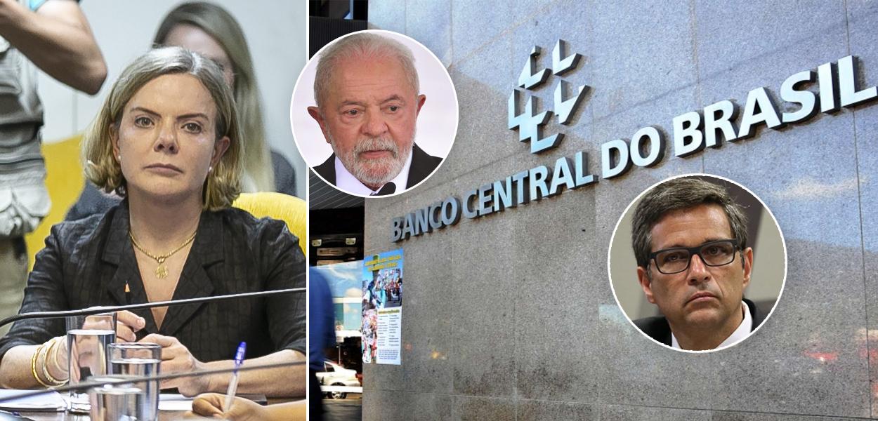 Montagem (da esq. para a dir.: Gleisi Hoffmann, Luiz Inácio Lula da Silva, Roberto Campos Neto e o Banco Central