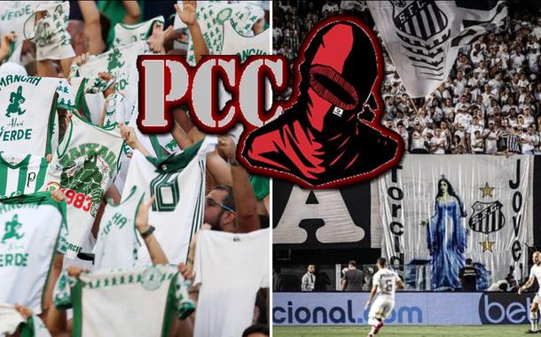 Torcedores da Mancha Verde, do Palmeiras (à esq.), da Torcida Jovem, do Santos (à dir.) e no meio um desenho associado ao Primeiro Comando da Capital