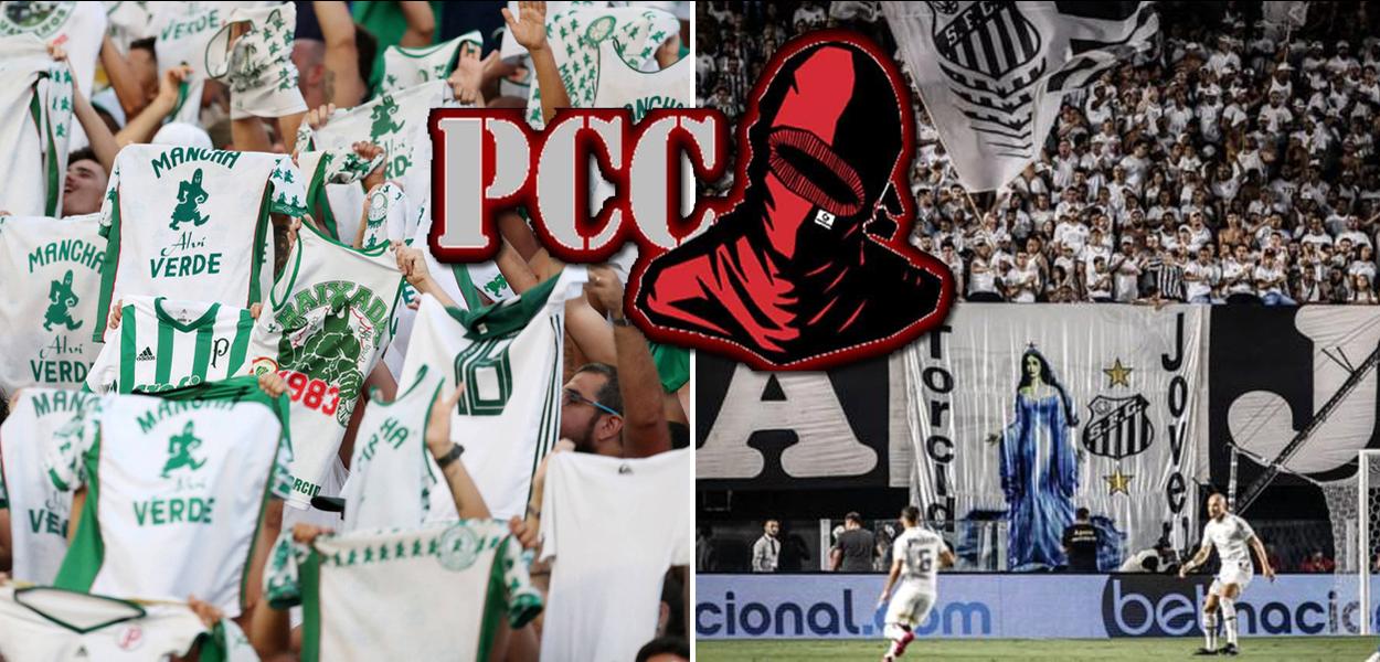 Torcedores da Mancha Verde, do Palmeiras (à esq.), da Torcida Jovem, do Santos (à dir.) e no meio um desenho associado ao Primeiro Comando da Capital