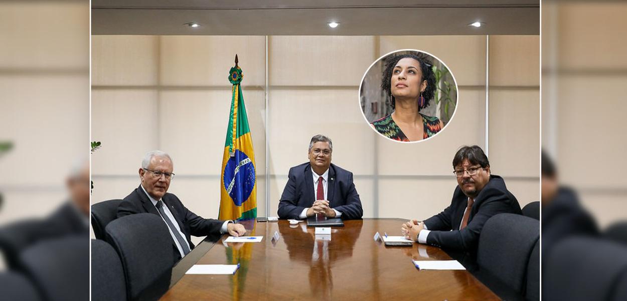 Da esq. para a dir. na mesa: Marfan Martins Vieira, Flávio Dino e Luciano Mattos.  Marielle Franco  em círculo