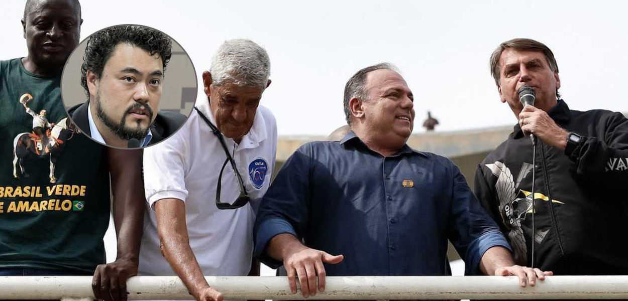 Leonardo Sakamoto, Eduardo Pazuello (camisa de botão) e Jair Bolsonaro (com microfone)