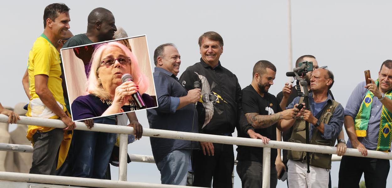 Hildegard Angel (quadrado), Eduardo Pazuello (com microfone na mão) e Jair Bolsonaro (agasalho preto)