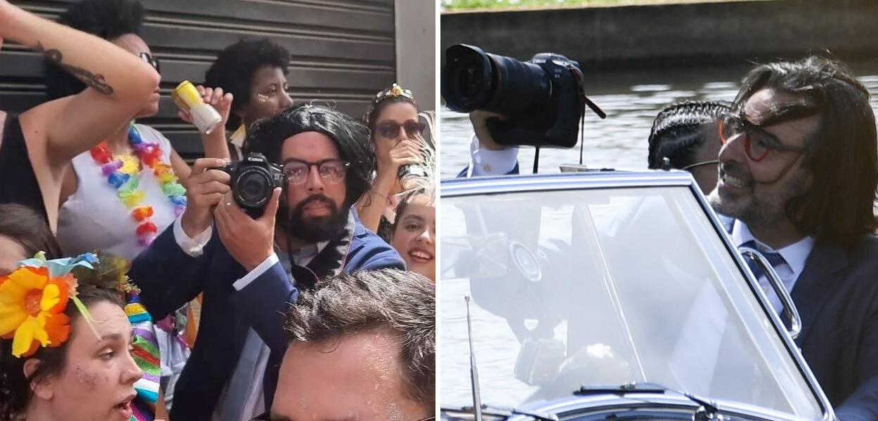 Homem fantasiado de Ricardo Stuckert e Ricardo Stuckert fotografando
