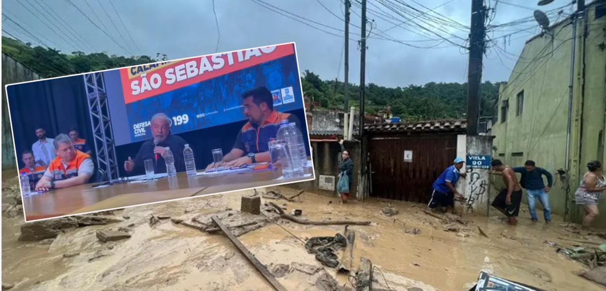 Luiz Inácio Lula da Silva (com microfone) e a cidade de São Sebastião afetada pela chuva (Foto: Reprodução / Divulgação) Luiz Inácio Lula da Silva (com microfone) e a cidade de São Sebastião afetada pela chuva