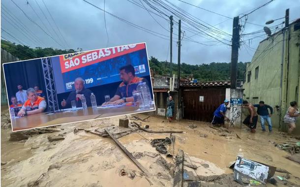 Luiz Inácio Lula da Silva (com microfone) e a cidade de São Sebastião afetada pela chuva