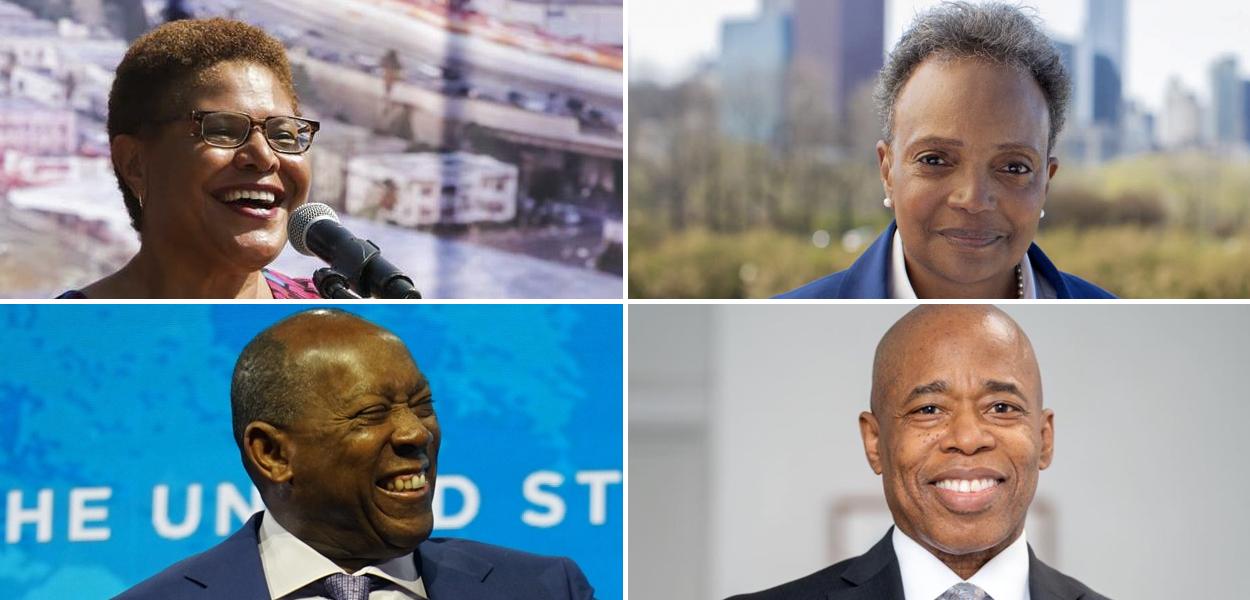 Karen Bass (à esq., em cima); Eric Adams (à esq., embaixo), Lori Lightfoot (à dir., em cima) e Sylvester Turner (à dir., embaixo)