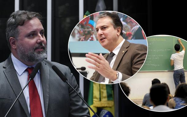 Montagem: Daniel Cara (gravata vermelha), ministro Camilo Santana (Educação) e uma sala de aula
