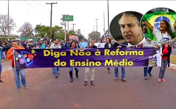 Protesto contra projeto aprovado no governo Michel Temer, o atual ministro da Educação, Camilo Santana, e a presidente da Ubes, Jade Beatriz