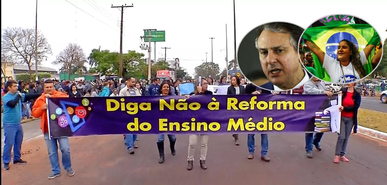 Protesto contra projeto aprovado no governo Michel Temer, o atual ministro da Educação, Camilo Santana, e a presidente da Ubes, Jade Beatriz