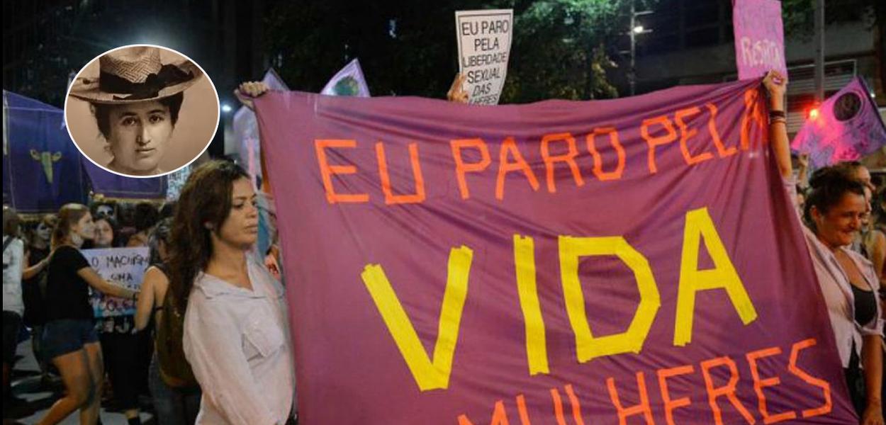 Filósofa Rosa Luxemburgo, de chapéu (1871-1919), e um ato pelo fim da violência contra mulheres