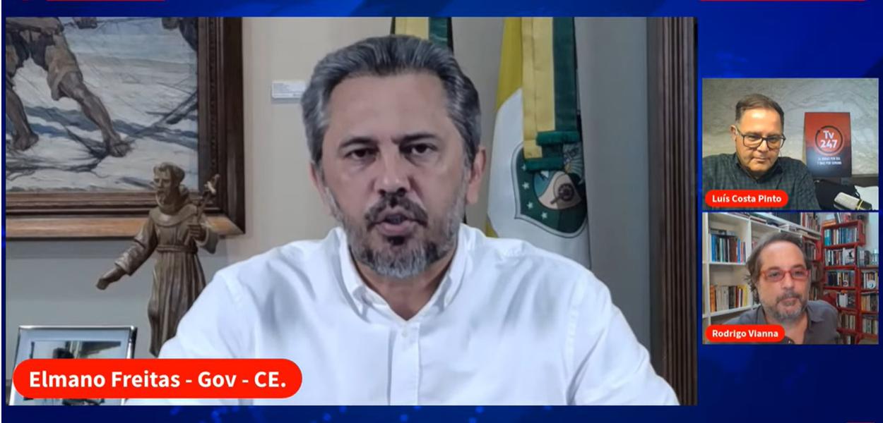 Elmano de Freitas e os jornalistas Luís Costa Pinto (à dir., em cima) e Rodrigo Vianna (Foto: Reprodução) Elmano de Freitas e os jornalistas Luís Costa Pinto (à dir., em cima) e Rodrigo Vianna