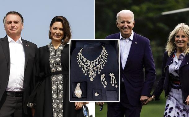 Bolsonaro com Michelle, joias e Biden com Jill