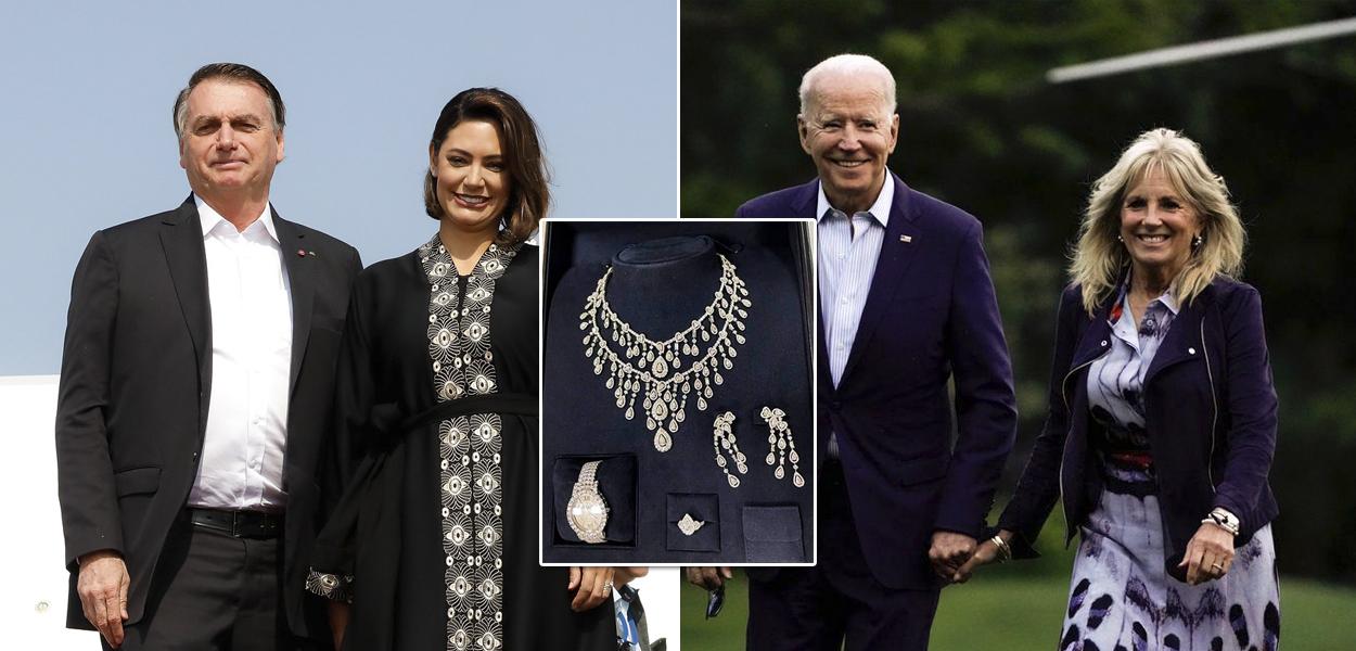 Bolsonaro com Michelle, joias e Biden com Jill