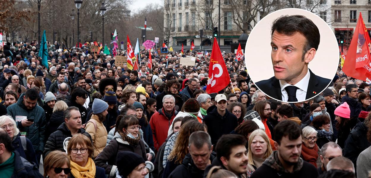 Trabalhadores franceses da gigante petrolífera francesa TotalEnergies participam de uma manifestação contra o plano de reforma do governo francês em Saint-Nazaire, como parte do sexto dia de greve e protestos nacionais, em Saint-Nazaire, França -