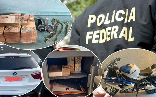 Uniforme da Polícia Federal e fotos de apreensões da corporação na Operação Sequaz