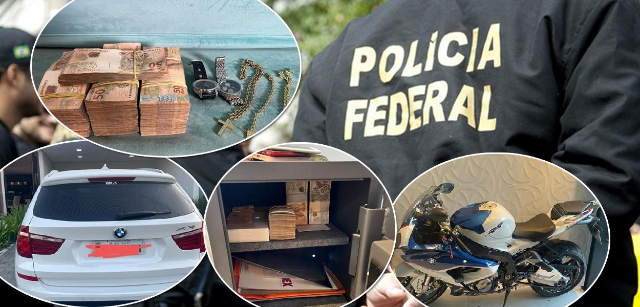 Uniforme da Polícia Federal e fotos de apreensões da corporação na Operação Sequaz