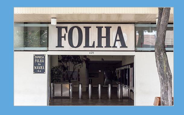 Foto da sede do jornal Folha de S.Paulo por cima da logo do Twitter