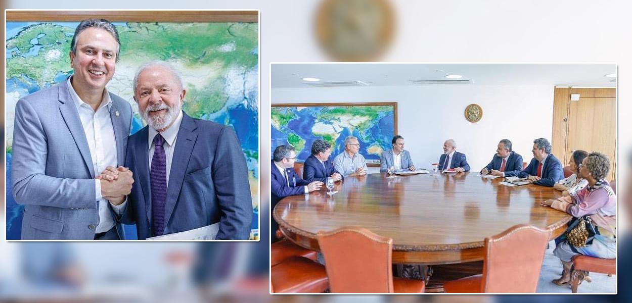Montagem: Camilo Santana (sem gravata) de mãos apertadas com o presidente Luiz Inácio Lula da Silva, e na outra foto uma reunião entre aliados do governo federal