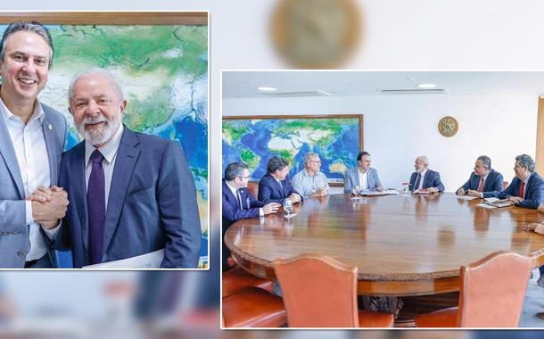 Montagem: Camilo Santana (sem gravata) de mãos apertadas com o presidente Luiz Inácio Lula da Silva, e na outra foto uma reunião entre aliados do governo federal