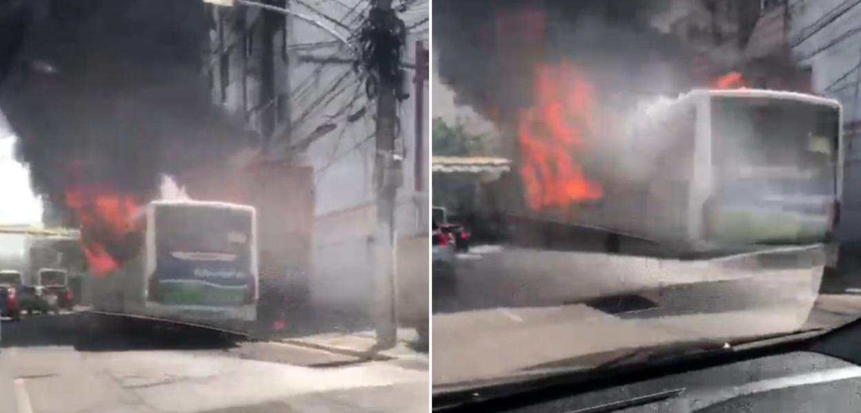 Imagens do ônibus em chamas circulam pelas redes (Foto: Reprodução/@VMHNOTICIASDCRJ/Twitter) Imagens do ônibus em chamas circulam pelas redes