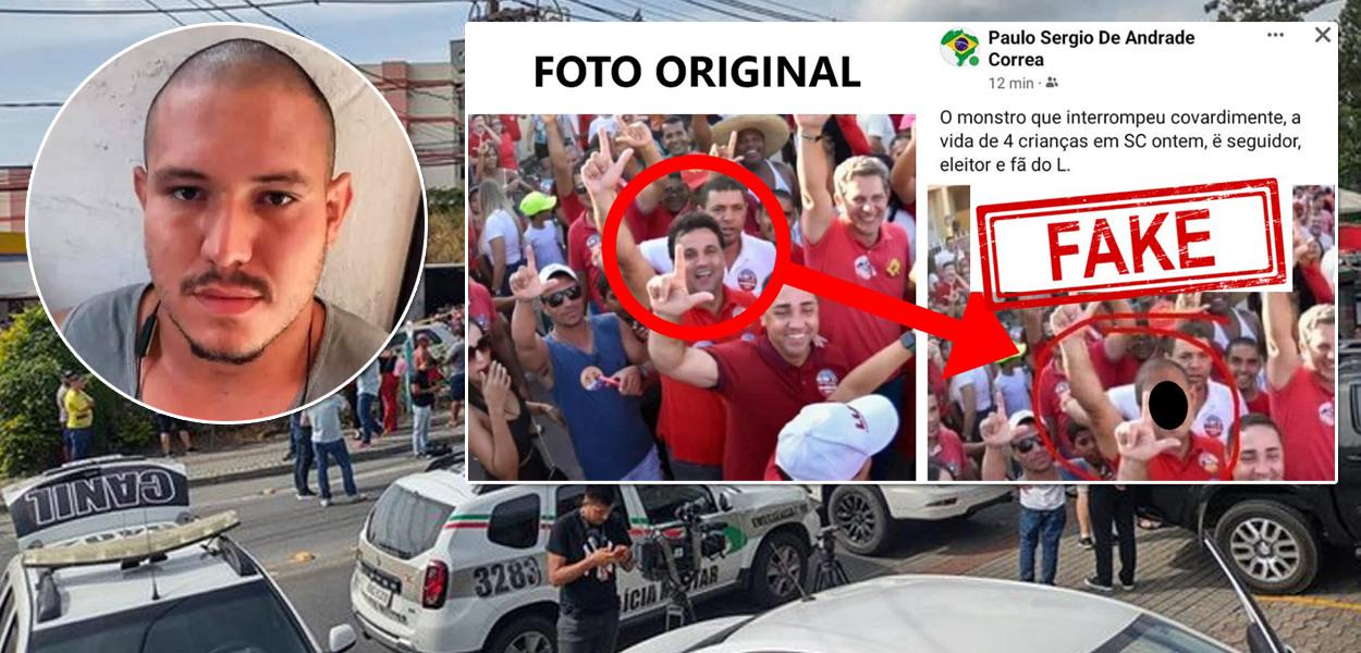 Montagem: Luiz Henrique de Lima (círculo), dois prints tentando associar sem provas o PT ao massacre em Blumenau e, ao fundo, viaturas policiais no município catarinense