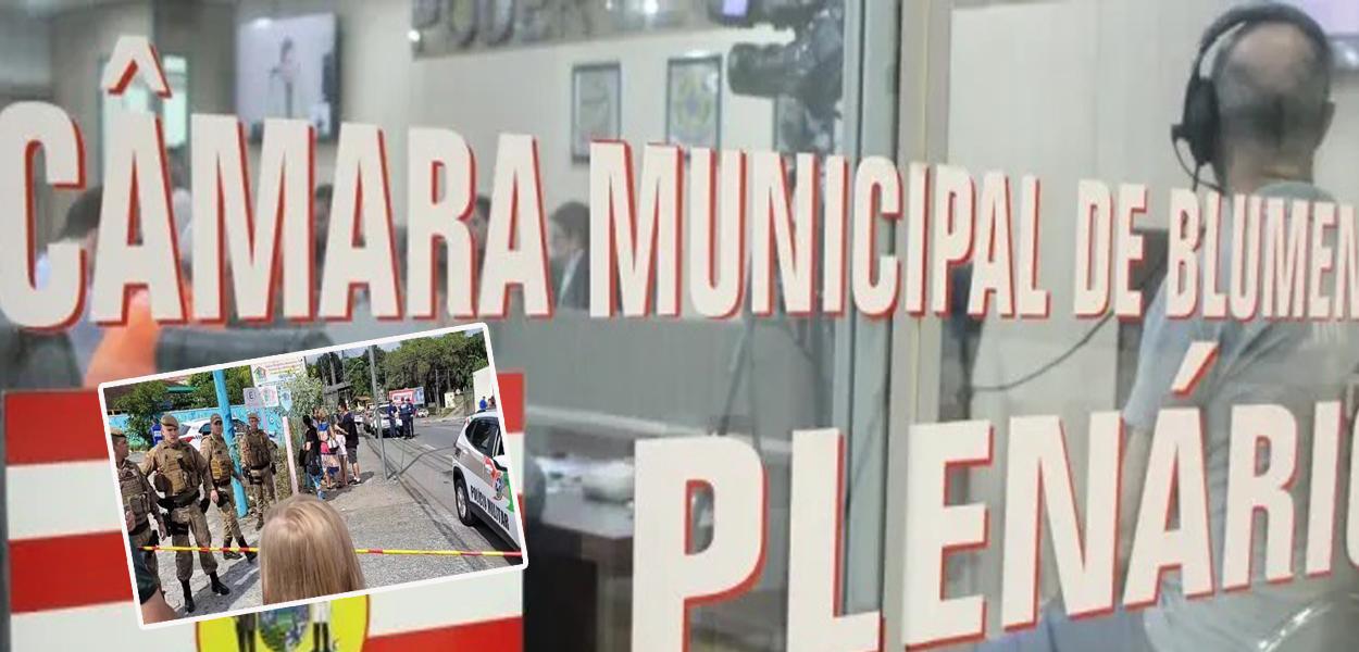 Câmara dos Vereadores de Blumenau e policiais ao redor da creche onde quatro crianças foram assassinadas