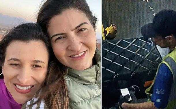 Jeanne Paollini e Kátyna Baía e mala sendo trocada no Aeroporto de Guarulhos