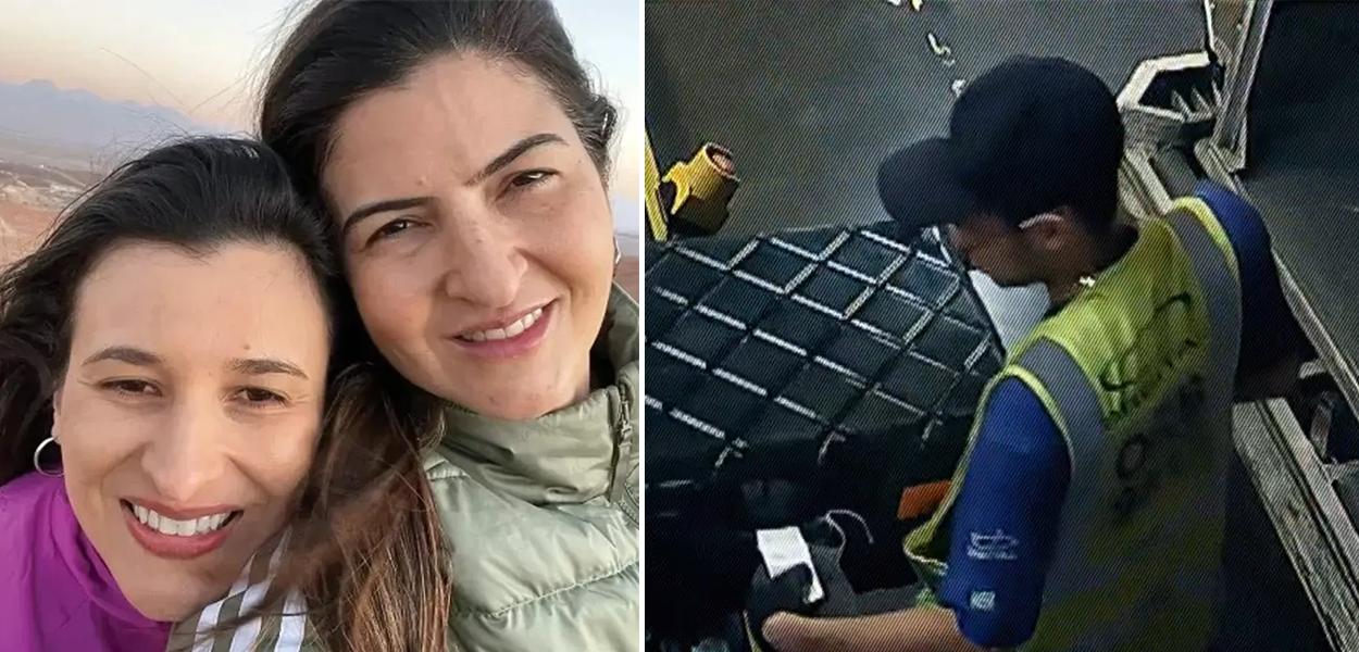 Jeanne Paollini e Kátyna Baía e mala sendo trocada no Aeroporto de Guarulhos