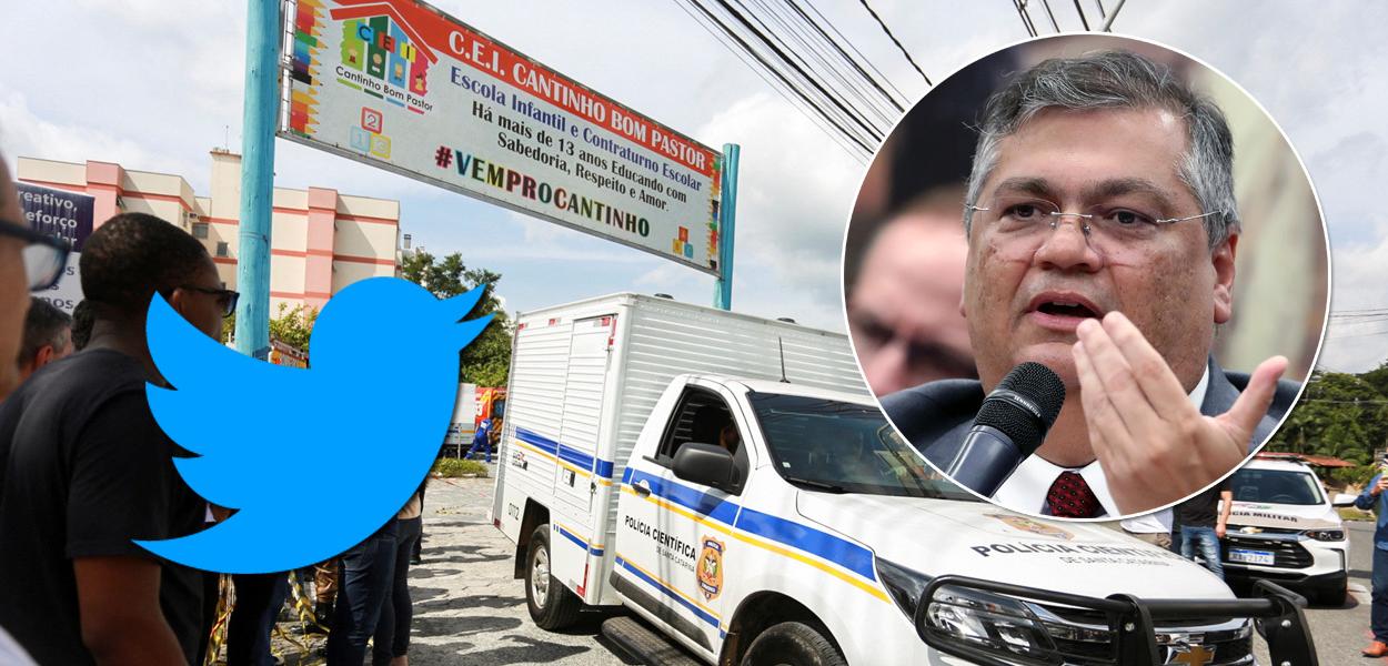 Viaturas após massacre em Blumenau, em SC (ao fundo), marca do Twitter e o ministro Flávio Dino