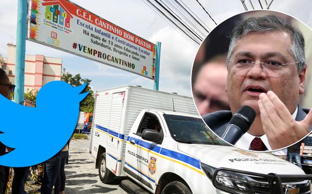 Viaturas após massacre em Blumenau, em SC (ao fundo), marca do Twitter e o ministro Flávio Dino