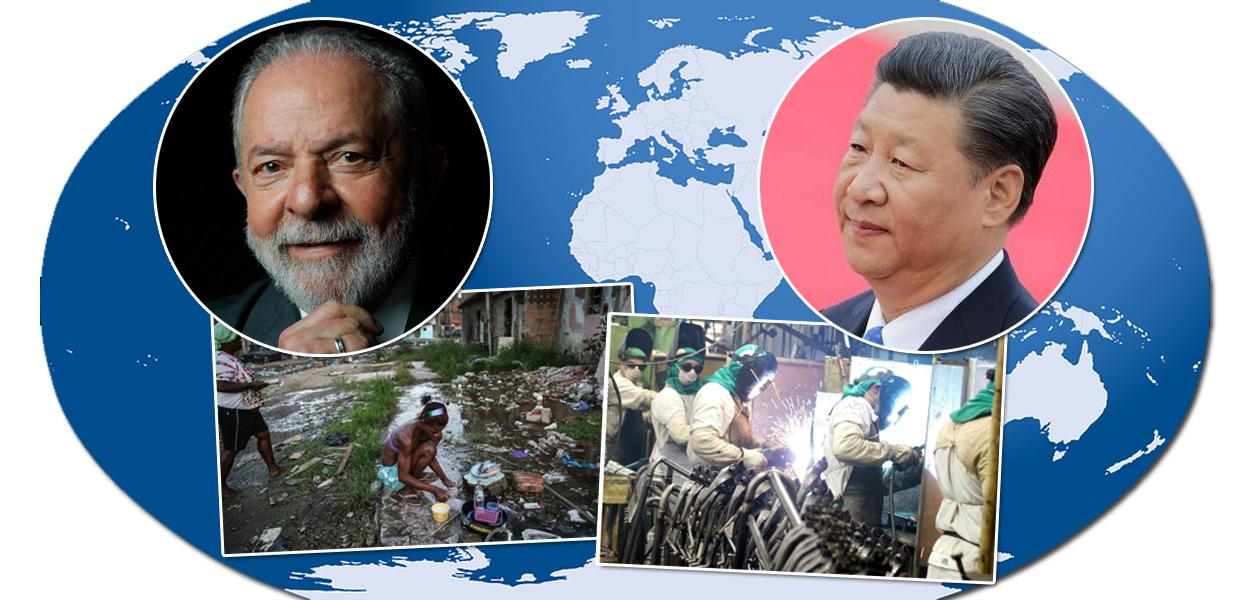 Mapa-Mundo ao fundo, Luiz Inácio Lula da Silva, pobreza, indústria e Xi Jinping