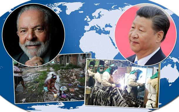 Mapa-Mundo ao fundo, Luiz Inácio Lula da Silva, pobreza, indústria e Xi Jinping
