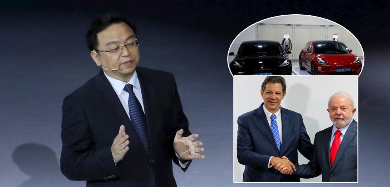 Wang Chuanfu, carros elétricos, Fernando Haddad (gravata azul) e Luiz Inácio Lula da Silva (gravata vermelha)