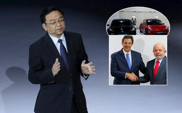 Wang Chuanfu, carros elétricos, Fernando Haddad (gravata azul) e Luiz Inácio Lula da Silva (gravata vermelha)