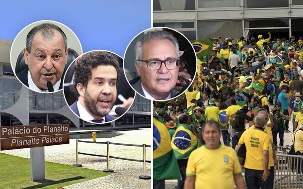 Fachada do Palácio do Planalto, Omar Aziz, André Janones, Renan Calheiros e invasores no Palácio do Planalto