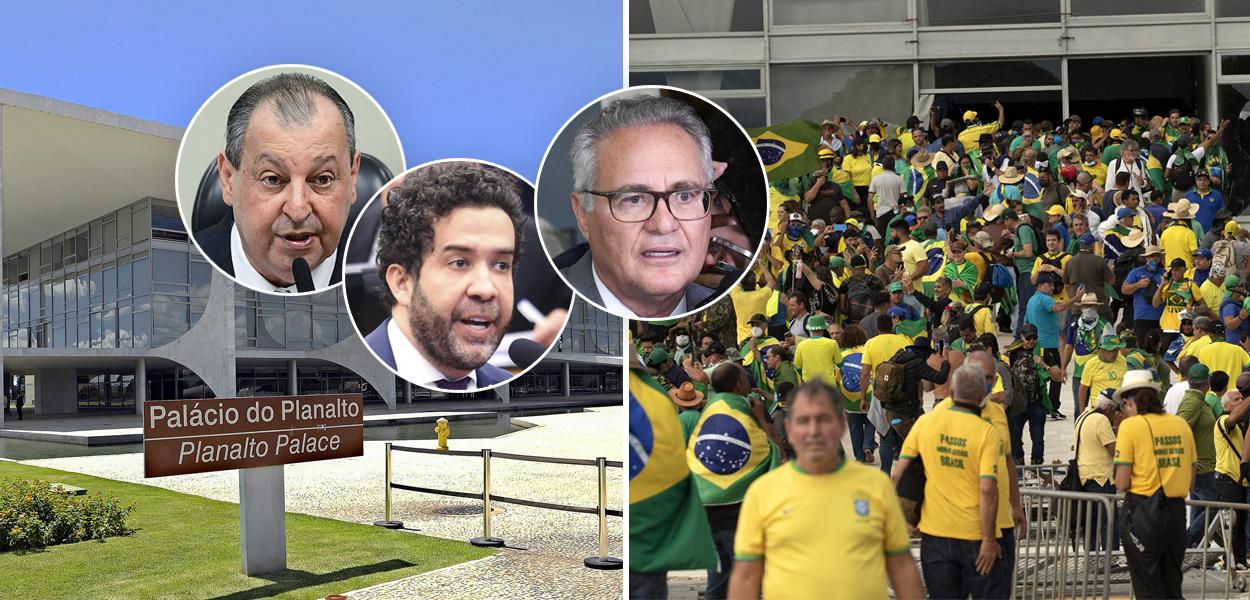 Fachada do Palácio do Planalto, Omar Aziz, André Janones, Renan Calheiros e invasores no Palácio do Planalto