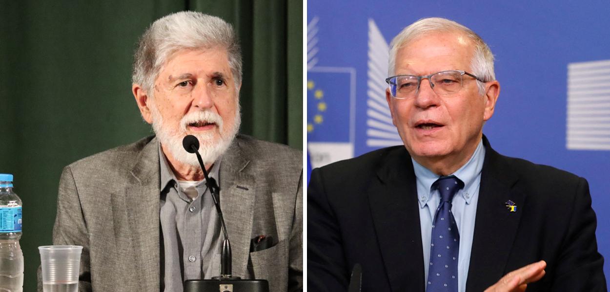 Celso Amorim e Josep Borrell (Foto: Felipe L. Gonçalves/Brasil247 | Reuters) Celso Amorim e Josep Borrell