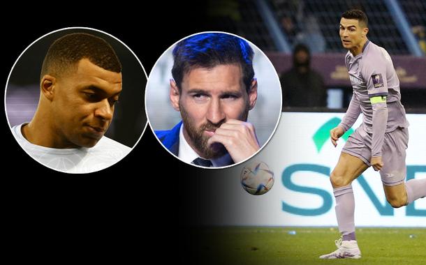 Montagem (da esq. para a dir.): Kylian Mbappé, Lionel Messi e Cristiano Ronaldo