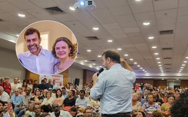 Marcelo Freixo e Gleisi Hoffmann em círculo e, na outra foto, o discurso dele em ato de filiação ao PT no estado do Rio